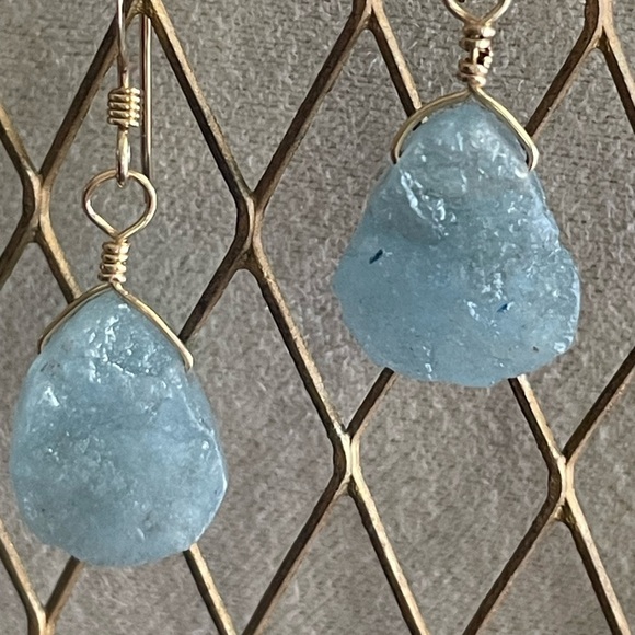 Natural Aquamarine Earrings Sterling Silver Wire Wrapped Raw Gemstones –Handmade - Picture 8 of 10
